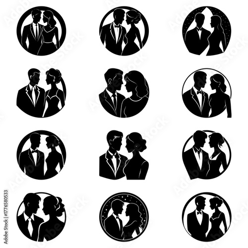 Elegant wedding couples silhouette collection, romantic embraces and love gestures perfect for invitations, stationary, and event design needs, graceful moments