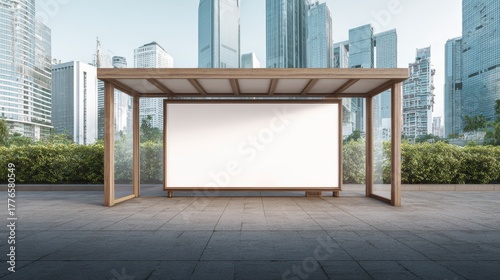 Modern bus shelter with a blank advertising display in a cityscape with tall skyscrapers and greenery in the background du daytime