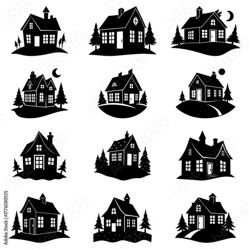 Charming vector house silhouettes collection, perfect for real estate branding and home design projects, ideal for logos and creative marketing materials