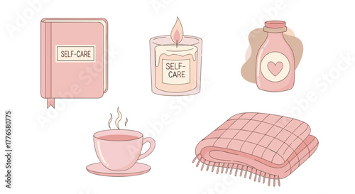 Self-care items including journal, candle, tea, and cozy blanket  