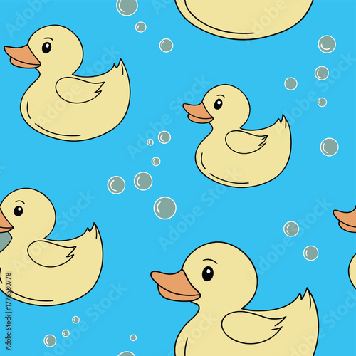 A seamless cartoon pattern features yellow rubber ducks with orange beaks and black eyes on a bright blue background. The ducks face various directions, surrounded by playful white bubbles.