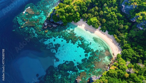 Fototapeta Naklejka Na Ścianę i Meble -  Aerial View Of A Tropical Island Paradise With Lush Green Trees White Sand Beach Turquoise Ocean Water And Coral Reefs Under Clear Blue Sky