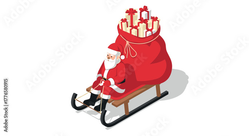 Isometric santa on sleigh with gift bag festive holiday design