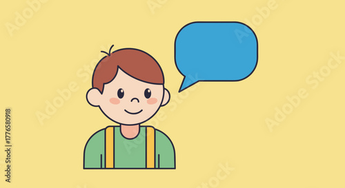 Happy cartoon boy with speech bubble on yellow background  