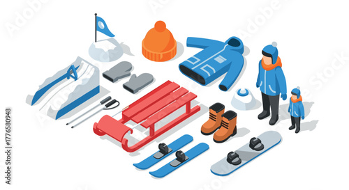 Isometric winter sports gear and accessories collection for snow adventures