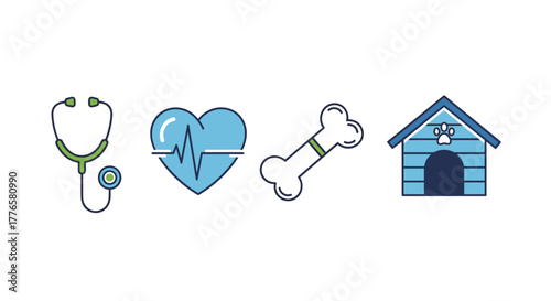 Veterinary icons including stethoscope, heart, bone, and dog house  