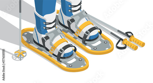 Modern isometric design of snowshoes and ski pole set on a winter adventure