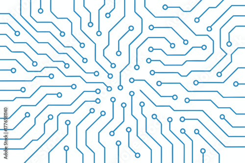 Seamless vector pattern of a blue circuit board design featuring microchips and digital technology lines for a computer motherboard background