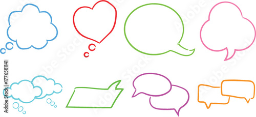 Collection of hand drawn speech bubbles and thought balloons in doodle style, Colorful