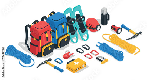 Comprehensive isometric camping equipment set with backpacks and climbing gear
