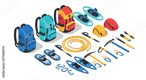 Isometric winter hiking gear collection backpacks, snowshoes, helmets, climbing tools