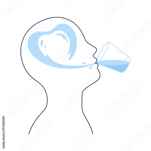Human head outline with brain and glass of heart water for hydration. Health awareness for medical healthy mind and well-being concept. Vector illustration