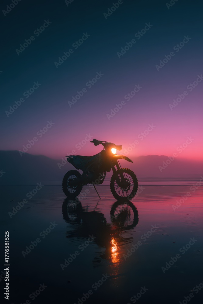 Fototapeta premium Motorcycle against a vibrant sunset on a tranquil beach
