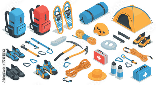 Essential camping and hiking gear in modern isometric style