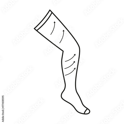 Compression stocking, socks on leg with arrows up, line icon. Treatment varicose veins on foot. Medical therapy, rehabilitation clothes. Vector linear illustration