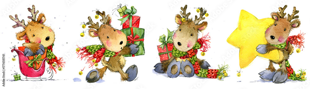 Naklejka premium A festive watercolor illustration set of a reindeer with a red scarf, pulling a sleigh full of gifts on a white background