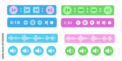 Collection of modern digital audio player interface elements and sound wave graphics in bright colors