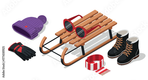 Winter essentials in isometric style sled, wool hat, sunglasses, gloves, boots, and scarf