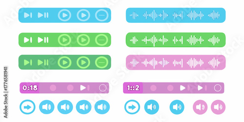 Collection of colorful audio player controls and sound wave icons for digital applications