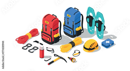 Isometric camping gear backpacks, climbing tools, and outdoor essentials for hiking adventures