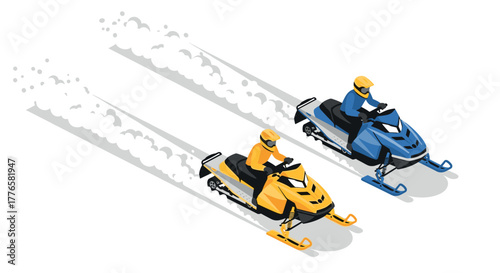 Isometric snowmobiling adventure with two riders in winter sports action
