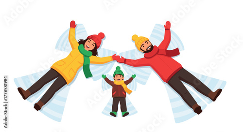 Cheerful family making snow angels in winter attire