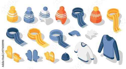 Colorful isometric winter accessories with hats, scarves, mittens, and sweaters
