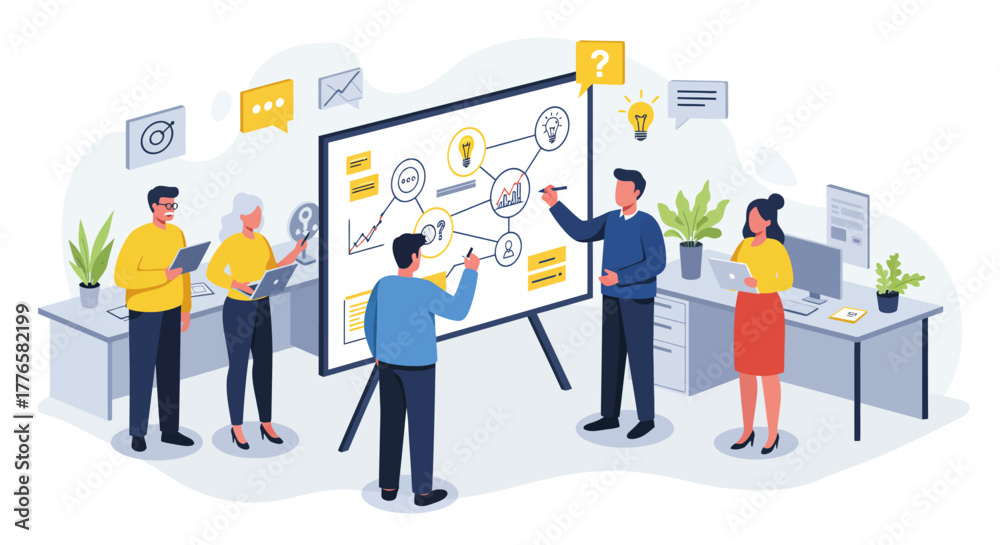 Fototapeta premium Team Brainstorming Ideas Around a Whiteboard Presentation.