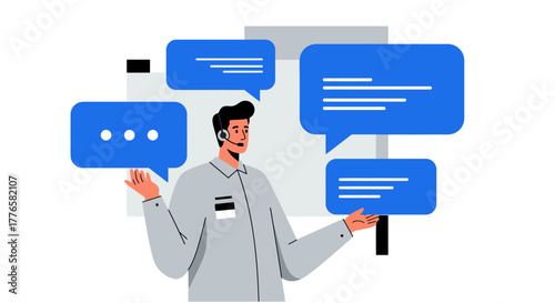 Customer Service Representative with Speech Bubbles Illustration.