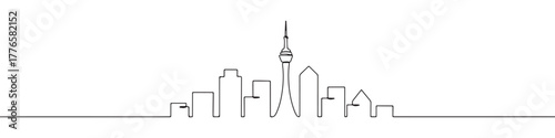 Continuous line drawing of a modern cityscape with tall buildings and a prominent tower, representing urban life and architecture, isolated on a white background.