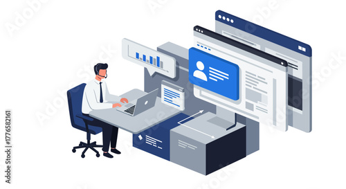 Customer Service Representative Working on Computer with Data.