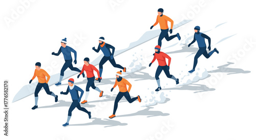 Group of runners in winter clothing racing through snowy terrain in isometric style