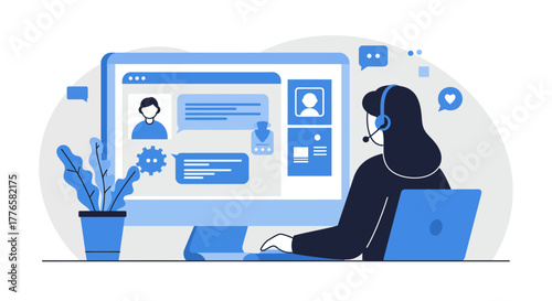 Customer Service Representative Working on Computer with Headset.