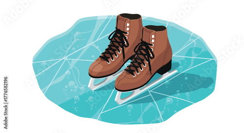 Illustration of brown ice skates on frozen pond with cracks and bubbles
