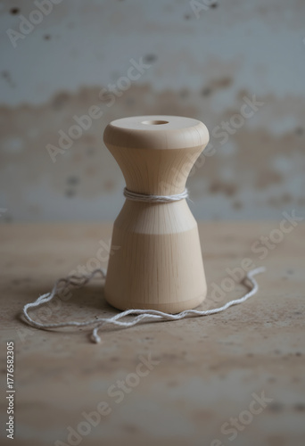 Minimal wooden spool with white string on rustic table in soft natural light