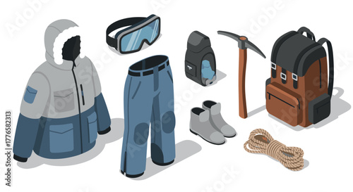 Essential winter hiking gear in isometric style for outdoor adventures