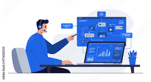 Man Working on Laptop with Data Analysis and Diagrams.