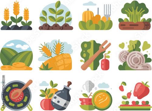 Collection of flat icons representing agriculture and food