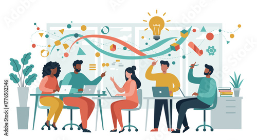 Diverse Team Brainstorming Ideas in Modern Office Setting.