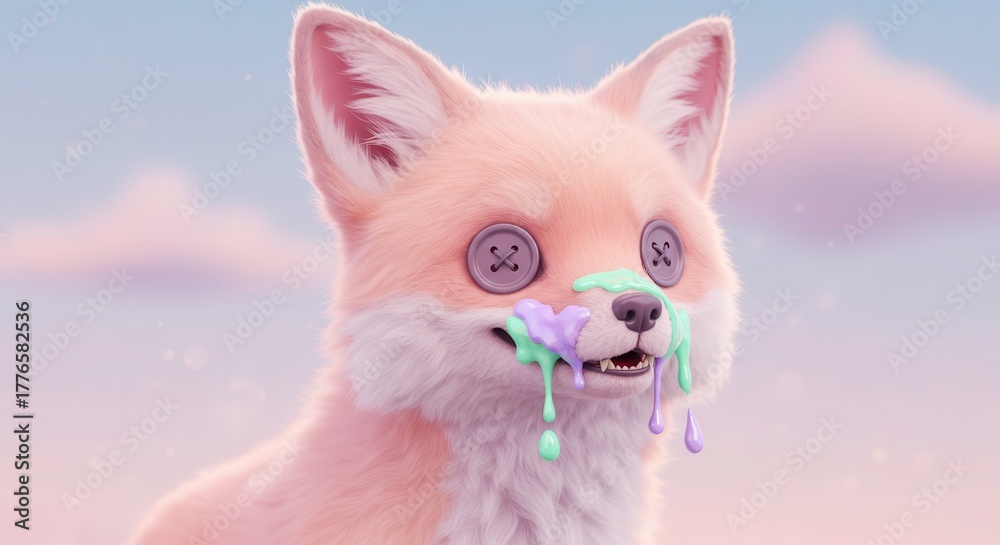 Obraz premium Adorable pink stuffed toy fox character with colorful dripping details in a soft outdoor setting