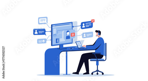 Customer Service Representative Working with Computer and Laptop.