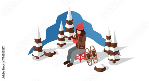 Winter scene with person drinking hot beverage amidst snowcovered pines in isometric style