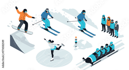 Winter sports activities featuring skiing, snowboarding, ice skating, and bobsledding in a dynamic isometric style