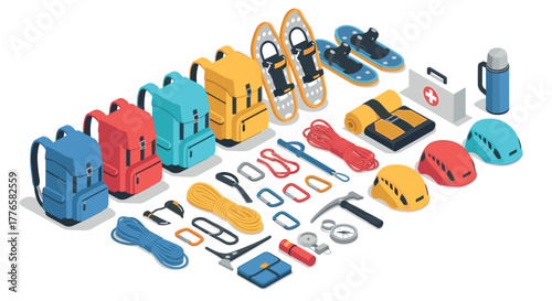 Camping gear collection isometric set of backpacks, helmets, ropes, and more for outdoor adventures
