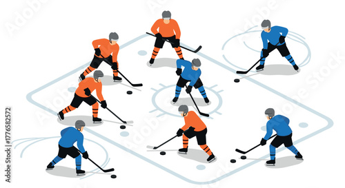 Ice hockey game in isometric style with players in orange and blue uniforms on ice rink