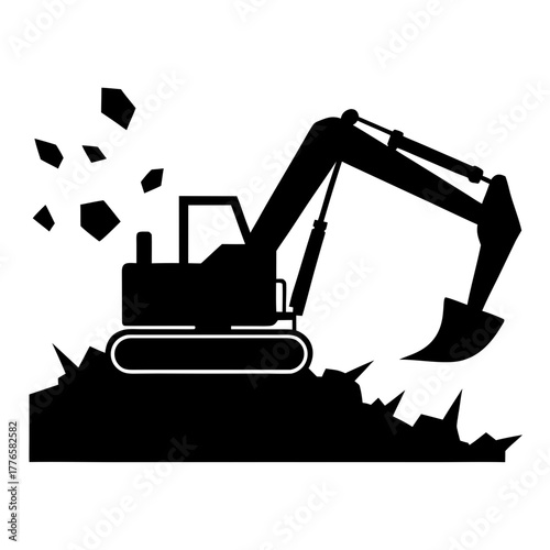 Excavator digging and breaking ground silhouette