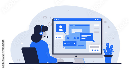Customer Service Representative Using Computer with Chat Bubbles.