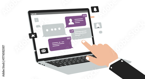 Laptop Screen Displaying Messaging App with Hand Pointing.