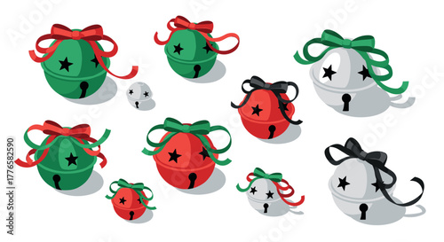 Festive christmas bells with colorful ribbons in isometric style for holiday decor