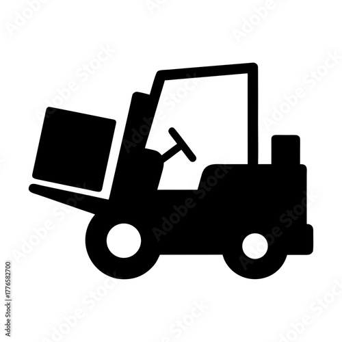 Black silhouette of a forklift truck lifting a box silhouette